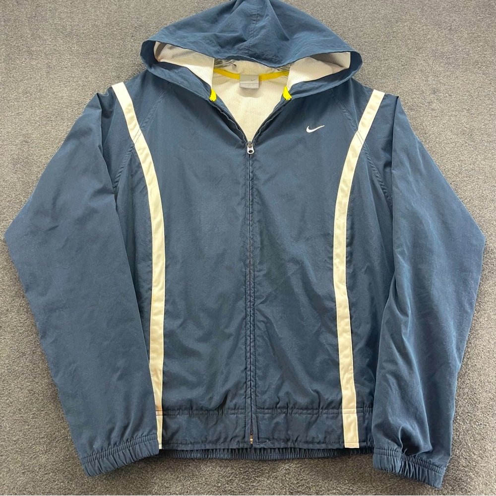Vintage Y2K Nike Full Zip Hooded Nylon Windbreaker Jacket Navy and White Lined
